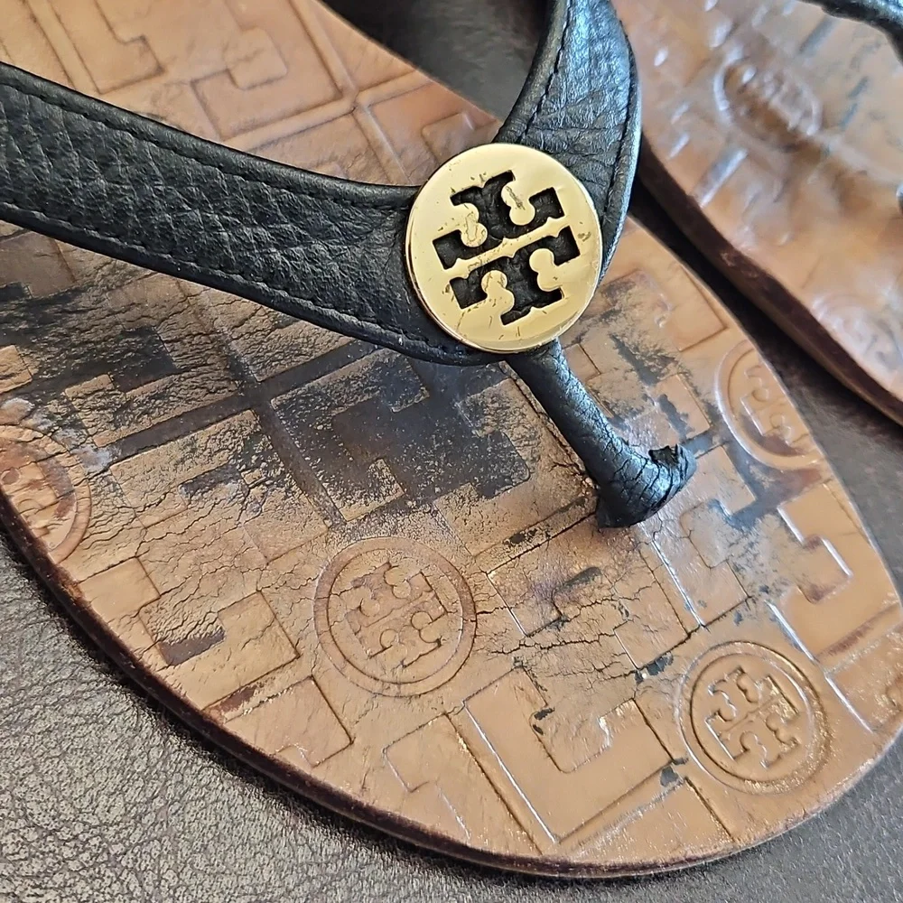 Tory Burch Black Leather/Gold Logo Thong Sandals, WELL Loved, Size 7